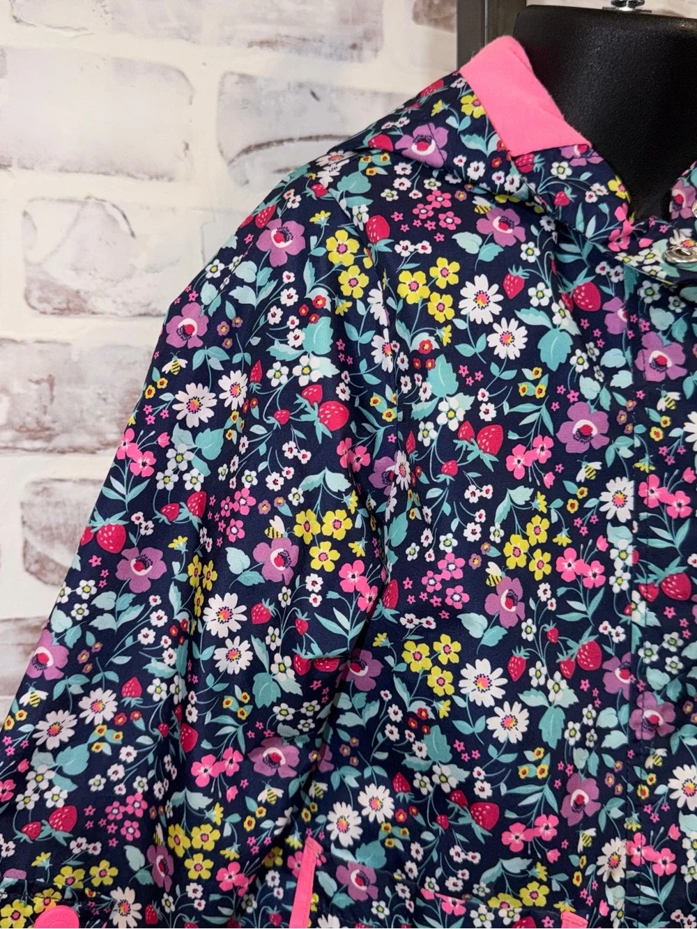 Girls' Floral Rain Jacket with Pink Trim 3T